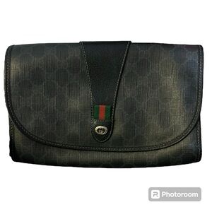 Vintage Gucci Sherry Line Black Coated Canvas GG Logo Print Pouch Clutch Bag